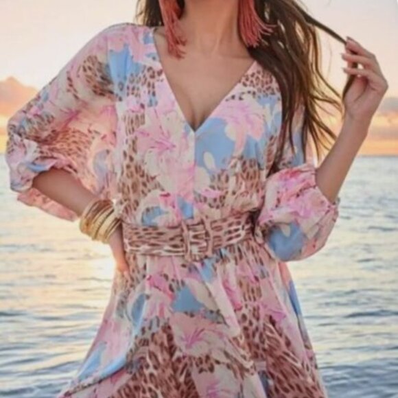 Venus Floral + Cheetah Print Belted Dress Size 22 Fit Flare Mini Pink - Picture 5 of 6
